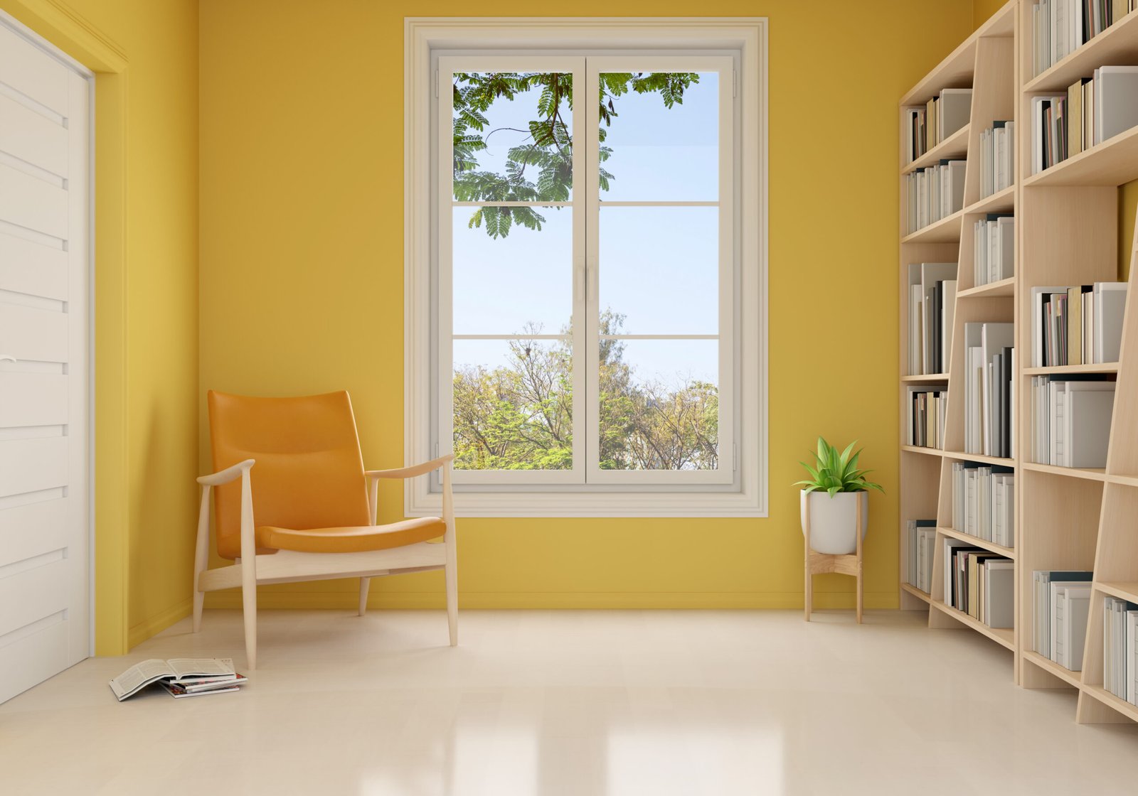 Armchair in yellow living room interior for mockup, 3D rendering